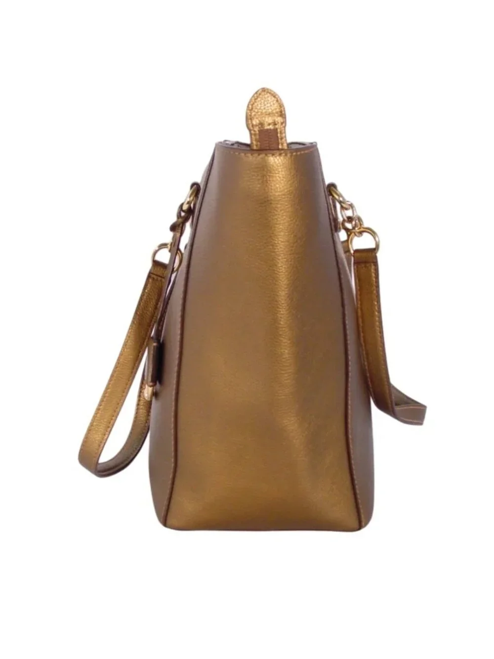 RLL Lauren Ralph Lauren Large Metallic Bronze Gold Leather Zip Tote Bag - Picture 5 of 11